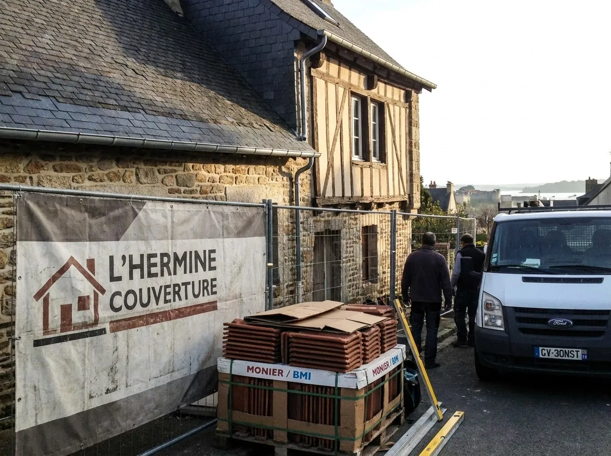 Chantier de L'Hermine Couverture devant une maison à colombages et soubassement de granit à Vannes, bâche au nom de l'entreprise et tuiles livrées sur palette